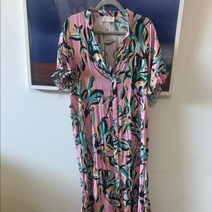 Corey Lynn Calter Pink Floral-Print Midi Button Dress